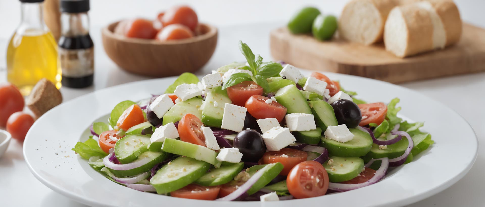 Frischer Salat aus Gurken, Tomaten, Zwiebeln, Oliven und Schafskäse