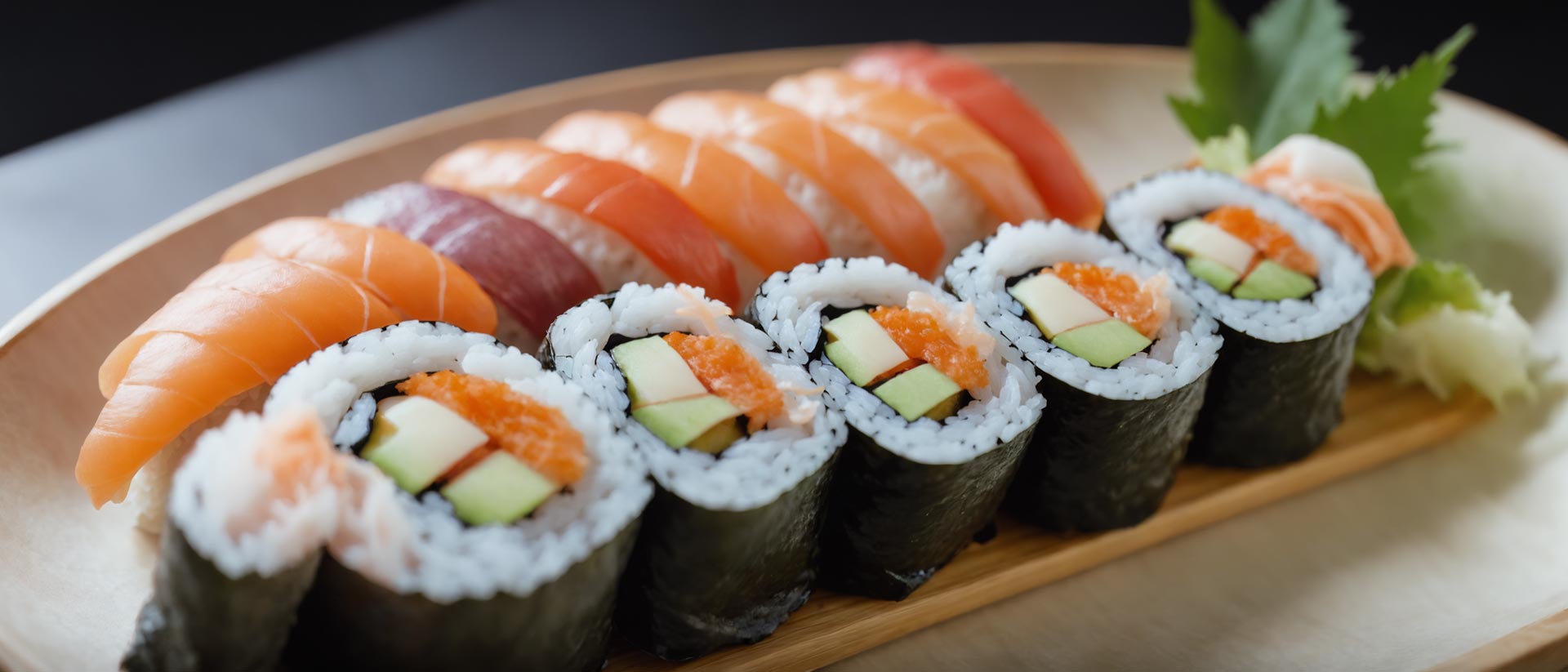 Auswahl an Sushi auf Holzbrett, eine Reihe mit Tang ummantelt, die andere von rohem Fisch getoppt