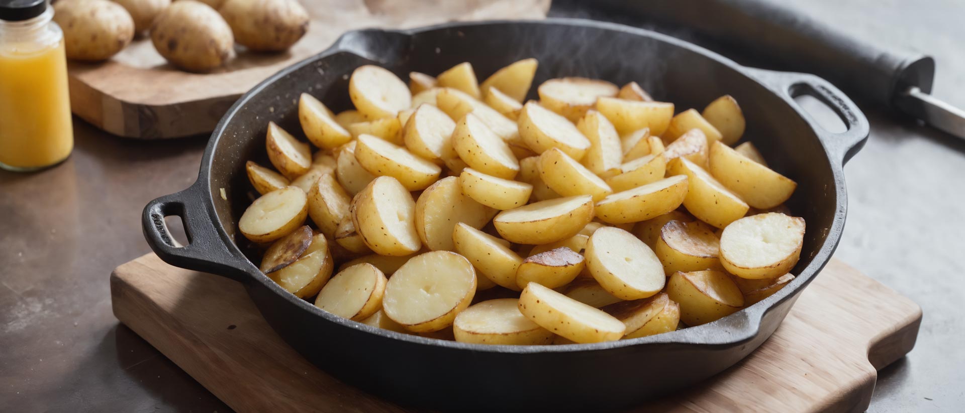 Gusseiserne Schale gefüllt mit kleinen, gebratenen Kartoffelstücken